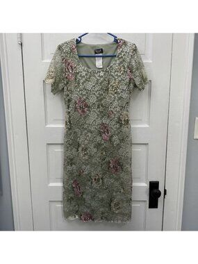 Vintage 90s Helene Blake Size 6 Sage Floral Lace Sheath Dress USA Made